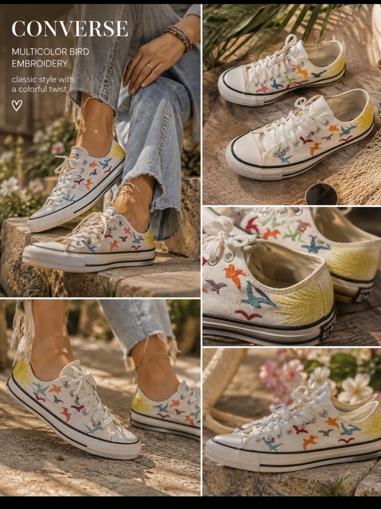 Converse Shoes - Converse White Low-Top Sneakers with Multicolor Bird Embroidery